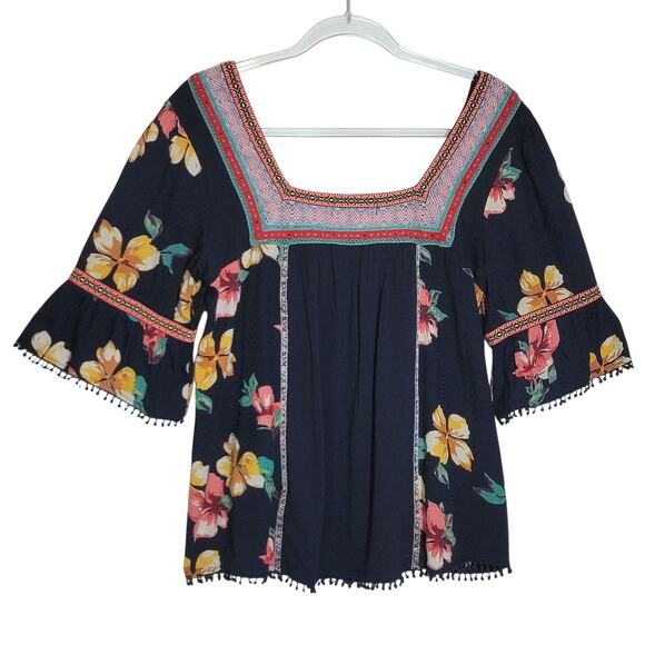 Anthropologie Dakota Embroidered Floral Square Neck Top Bell Sleeve Blue Boho M - Picture 10 of 16